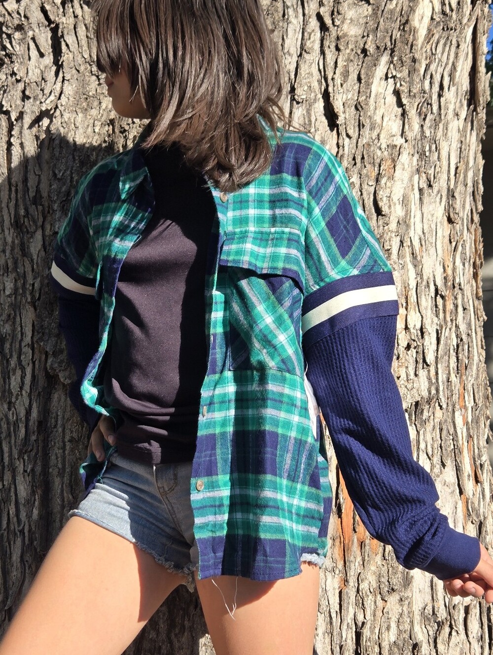 NWT Plaid Green & Blue Button-Up Shirt with Navy Flannel Sleeves, Size Juniors S - Picture 14 of 14